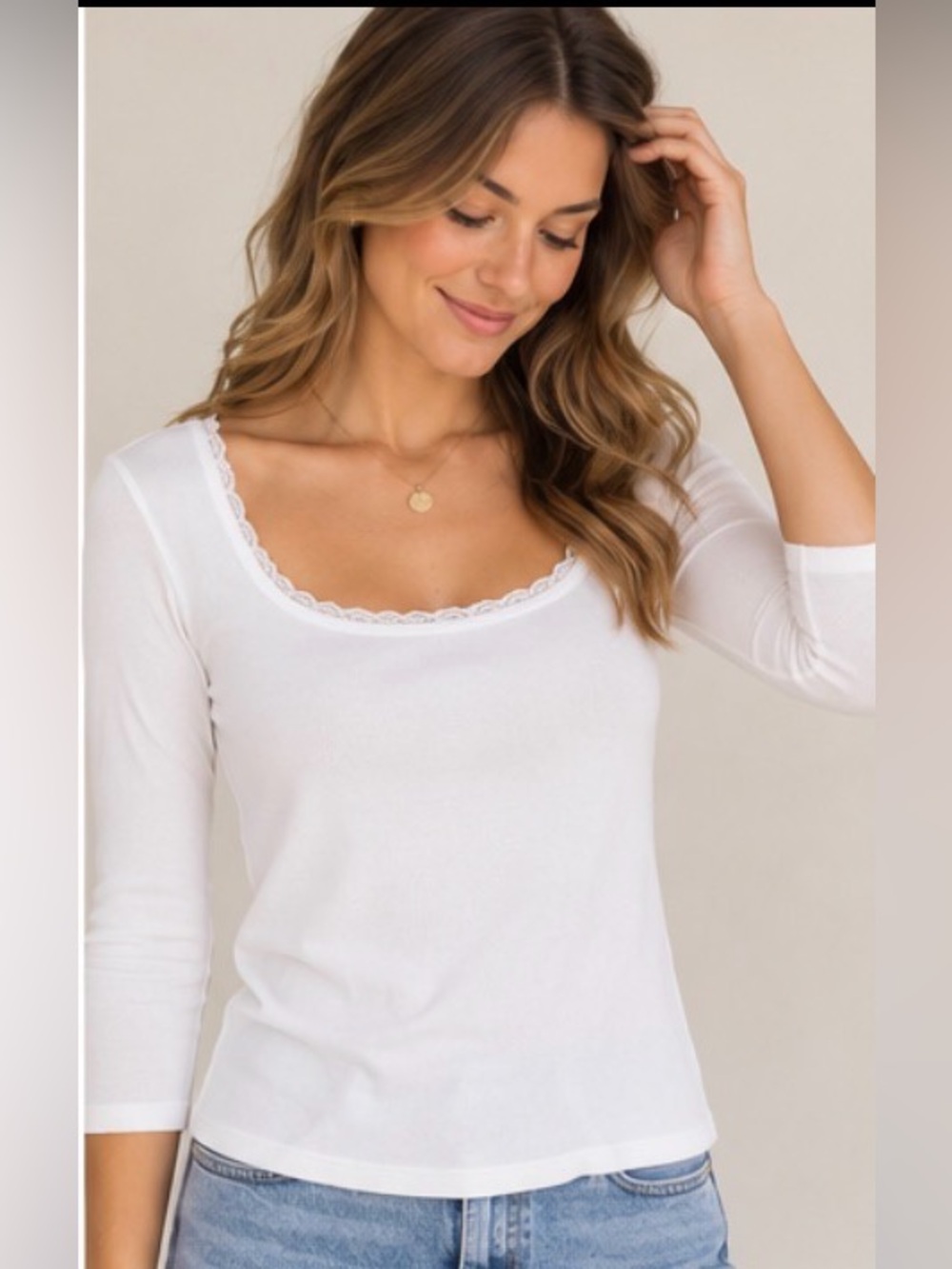 NWT Maeve Anthropologie XL White Ribbed Lace Trim Scoop Neck Top 3/4 Sleeve